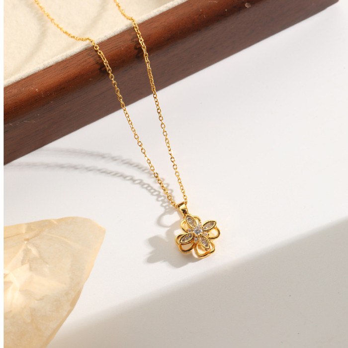 Necklace for Women Rotatable Four-Leaf Flower Necklace Niche Collarbone Chain Copper Micro-Inlaid Rotating Neck Chain...