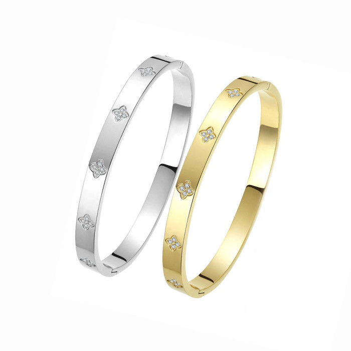 Titanium Steel Bracelet for Women, High-End Fashion, Light Luxury, Simple Stainless Steel Lucky Clover Stone-Encrus...