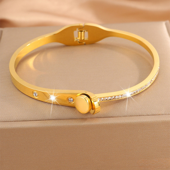 European and American Fashion Cross-Border Hot Sale Titanium Steel Bracelet for Women High-End Feel Horseshoe Row Diamond Spring Open Circle Bracelet Jewelry