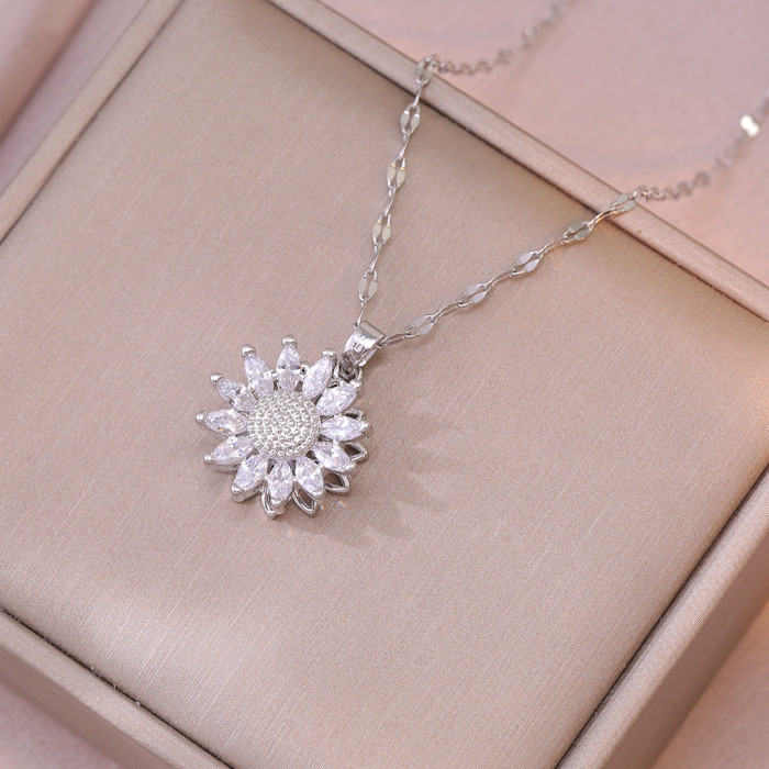Necklace for Women, Internet Celebrity Sunflower Zircon Flower, Niche Cross-Border New Design Pendant, Elegant Set, Titanium Steel Necklace