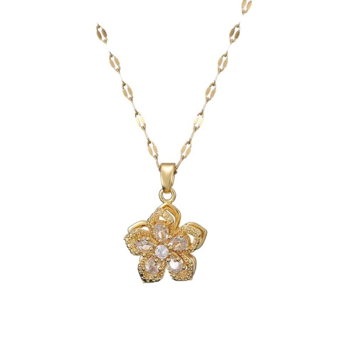 Necklace for Women Internet Celebrity Purple Zircon Flower Niche New Style Elegant European and American Five-Petal Flower 360 ° Rotatable Necklace
