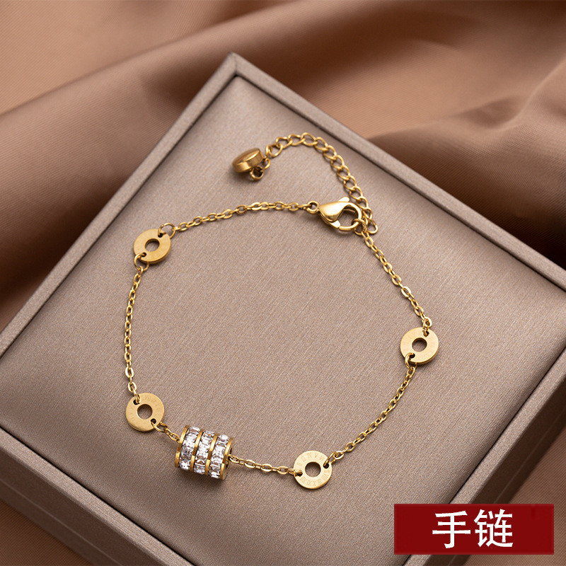 Titanium Steel Non-Fading Bracelet Korean Style Women Roman Numerals Small Waist Three-Row Inlaid Diamond Bracelet 18K Gold Jewelry Wholesale
