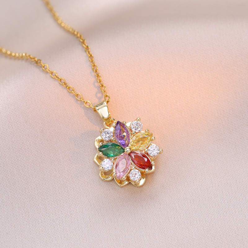Necklace for Women, Internet Celebrity, Cross-Border, Colorful Zircon, Rotating Flower, Niche Fashion, New Design, Elegant Titanium Steel Necklace