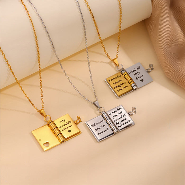 Cross-Border TK Hot-Selling Book Necklace for Women Stainless Steel Couple Necklace Engravable Open Pendant Titanium Steel Love Letter Necklace