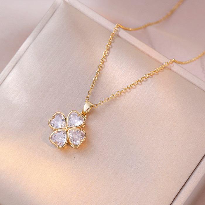 Necklace for Women, Internet Celebrity Heart Zircon Fashion Niche Rotating New Design Pendant Elegant Set Titanium Steel Necklace
