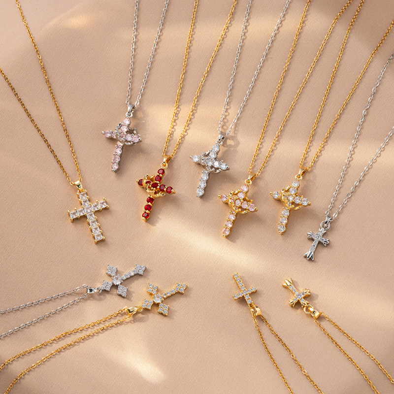 Necklace for Women New Cross-border Cross Gold Full Diamond Fashion Niche Design Sense Simple Elegant European and American Style Necklace