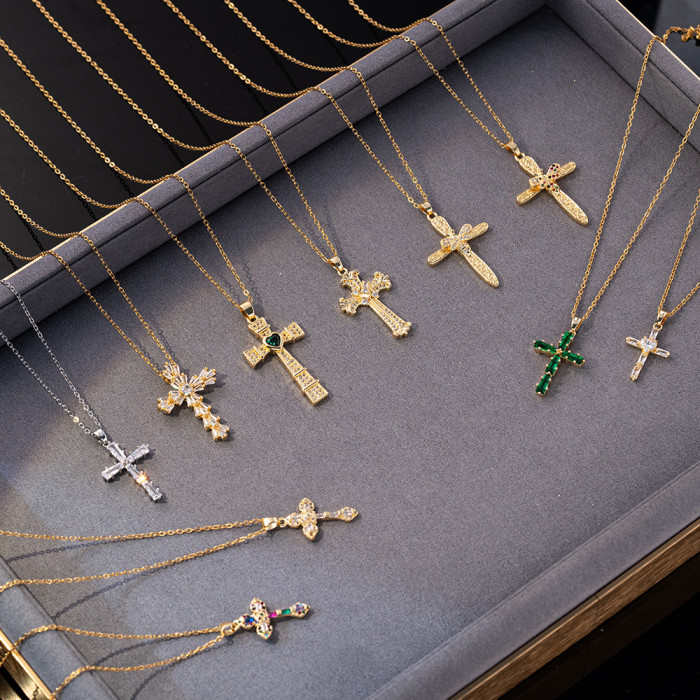 Necklace for Women European and American Cross-Border Fashion Colorful Zircon Cross Necklace Niche Design Ins Style Jewelry Collarbone Chain