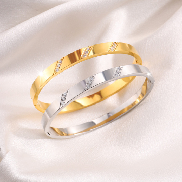 Titanium Steel Bracelet Diagonal Stone-Inlaid Stainless Steel Bracelet for Women High-end Korean Fashion Simple Non...