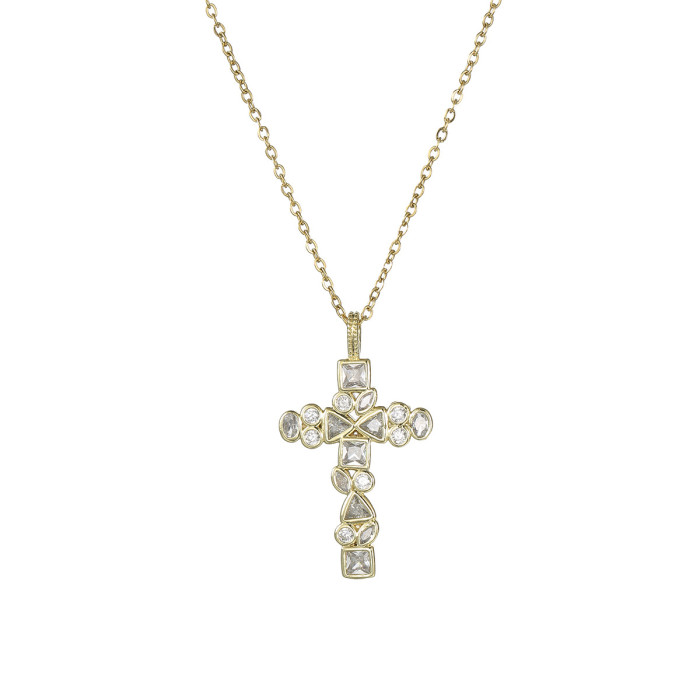 Necklace for Women Cross-border Zircon New Cross Pendant Fashionable Elegant European and American Style Colorful Zircon Collarbone Chain Jewelry