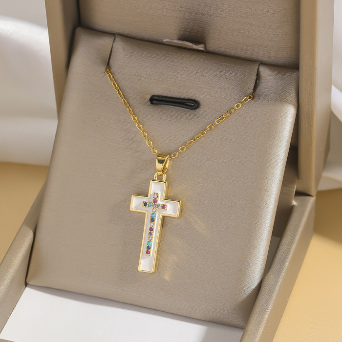 Necklace for Women European and American Style Internet Celebrity Colorful Zircon Cross Necklace Niche Cross-Border New Design Pendant Titanium Steel Necklace