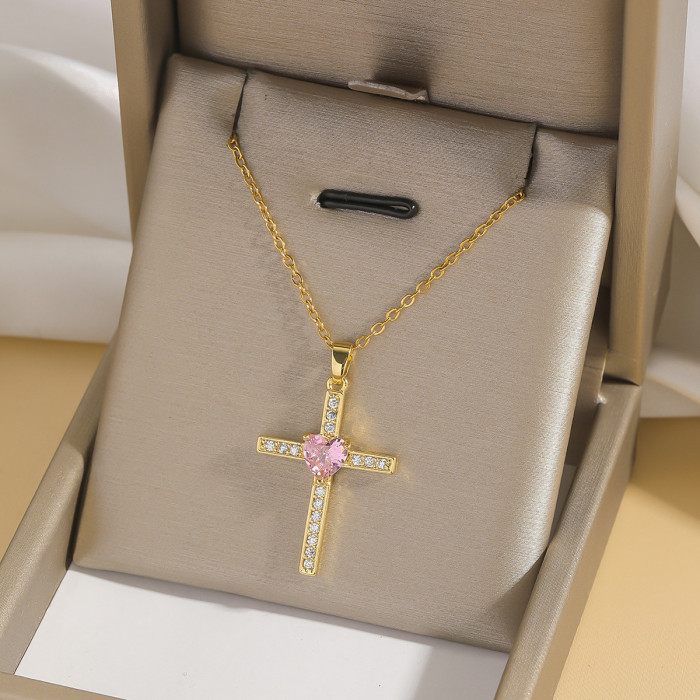Necklace for Women European and American Cross-Border Fashion Colorful Zircon Cross Necklace Niche Design Ins Style Jewelry Collarbone Chain
