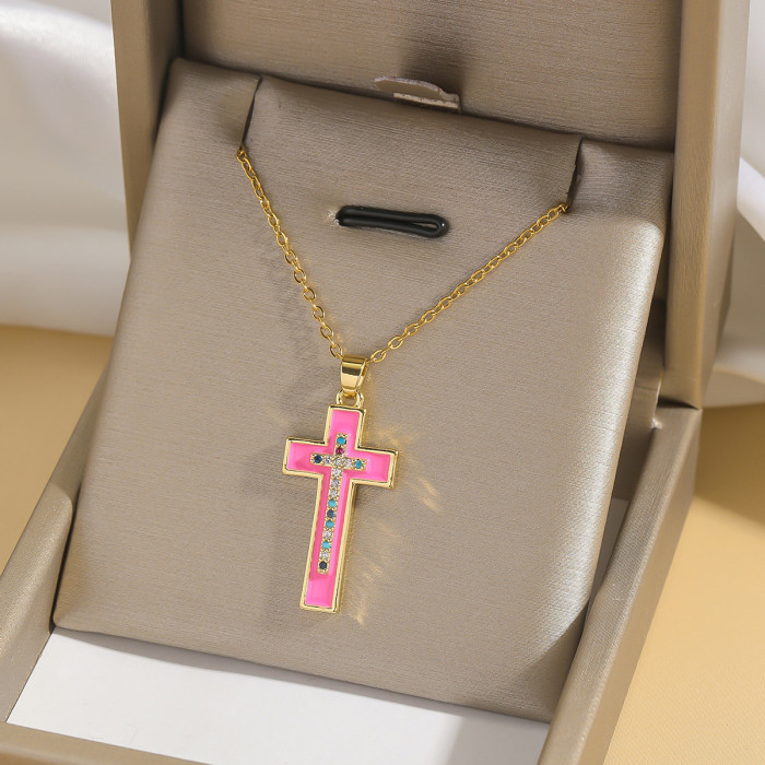 Necklace for Women European and American Style Internet Celebrity Colorful Zircon Cross Necklace Niche Cross-Border New Design Pendant Titanium Steel Necklace