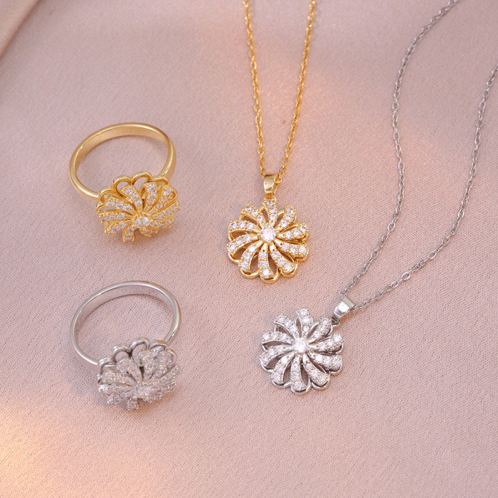 Necklace for Women, Internet Celebrity, Zircon Flower, Niche Fashion, New Design Sense Pendant, Elegant Set, Titanium...