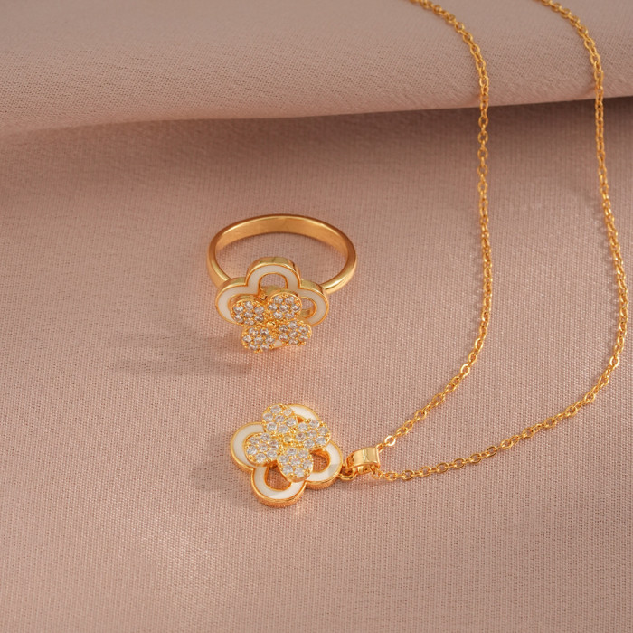 Necklace for Women, Internet Celebrity Colorful Zircon Flower, Niche New Design Pendant, Elegant Ring Set, Titanium S...