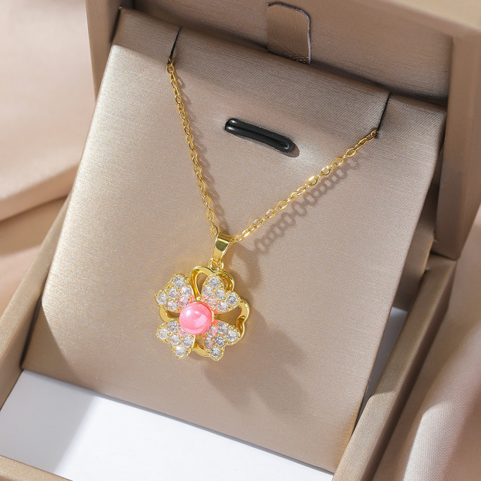 Necklace for Women Rotatable Cat's Eye Stone Three-Petal Flower Niche Design Zircon Flower Stamen Rotating Necklace