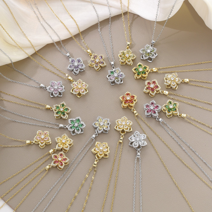 Necklace for Women Internet Celebrity Purple Zircon Flower Niche New Style Elegant European and American Five-Petal Flower 360 ° Rotatable Necklace