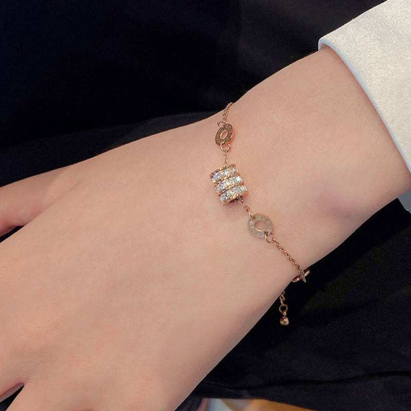 Titanium Steel Non-Fading Bracelet Korean Style Women Roman Numerals Small Waist Three-Row Inlaid Diamond Bracelet 18K Gold Jewelry Wholesale