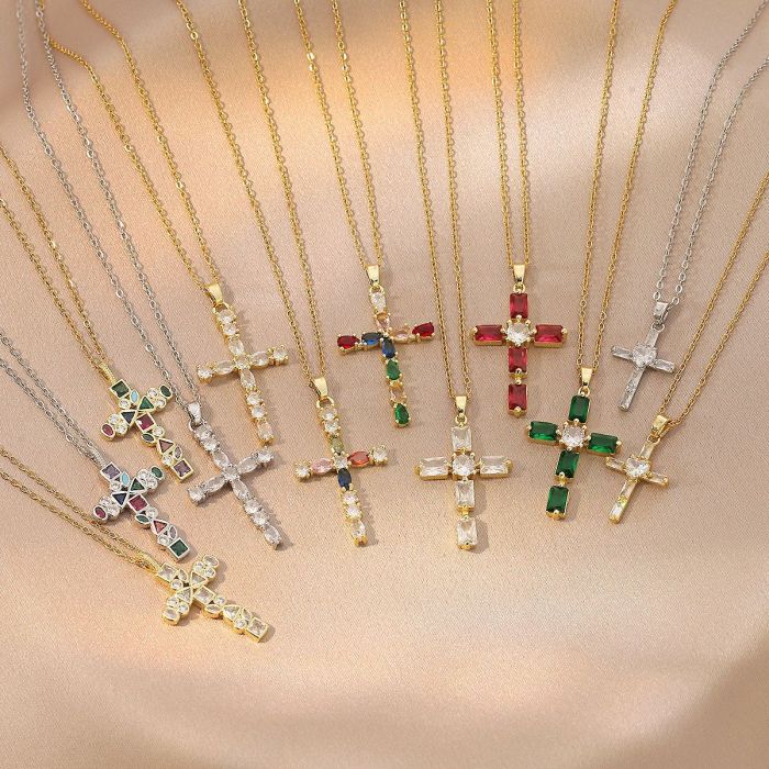 Necklace for Women Cross-border Zircon New Cross Pendant Fashionable Elegant European and American Style Colorful Zircon Collarbone Chain Jewelry