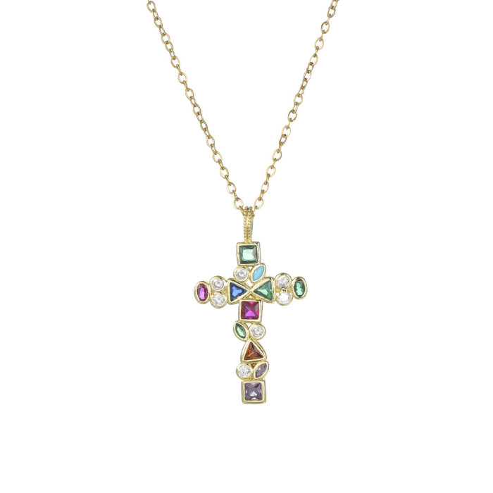 Necklace for Women Cross-border Zircon New Cross Pendant Fashionable Elegant European and American Style Colorful Zircon Collarbone Chain Jewelry
