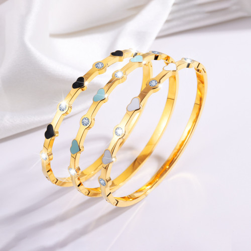 Titanium Steel Bracelet with Oil Drip Heart and Four Rhinestones, Stainless Steel Bracelet for Women, High-End European and American Fashion Versatile Bangle