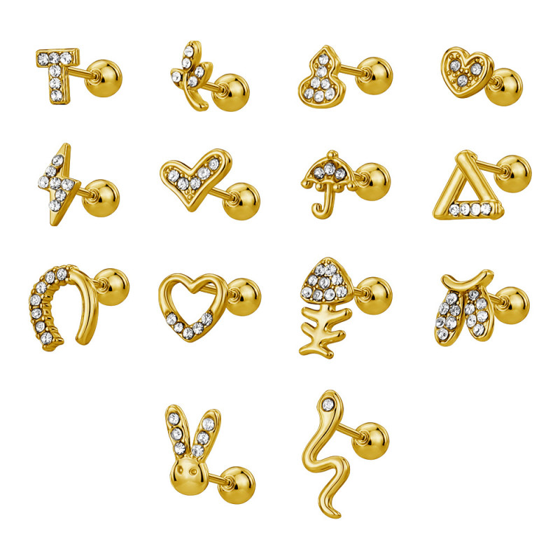 European and American INS Style Zircon Threaded Earrings Piercing Earrings Cross-Border Hip-Hop Element Ear Bone Studs Hot-Selling Jewelry