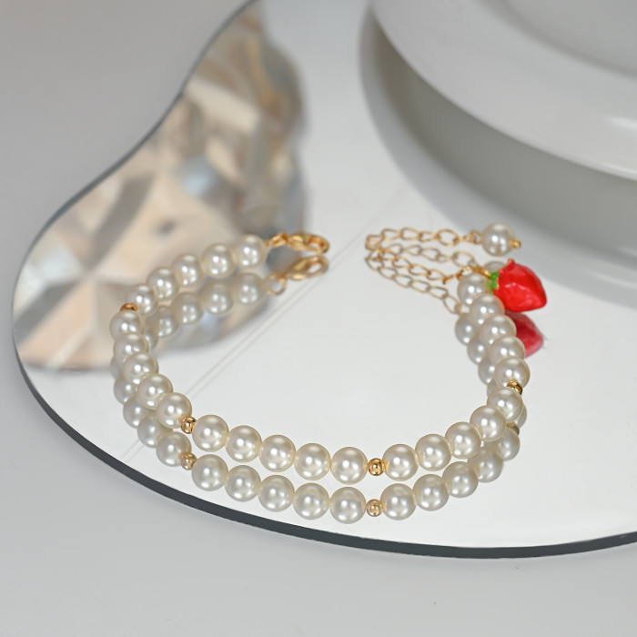 Real Gold Electroplated Pastoral Style Enamel Drip Glazed Strawberry Pearl Bracelet Indie Pop, Sweet and Cute Fashion Creative Bracelet for Women