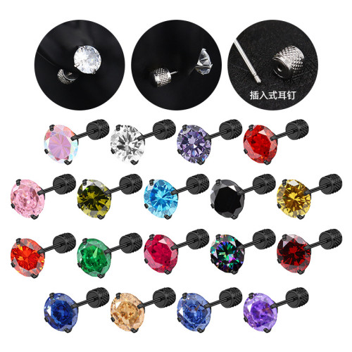 European and American New Style Sparkling Round Zircon Earrings Ear Bone Studs Insertable Threaded Exquisite Carved Pattern Cylinder Ear Back Ear Jewelry