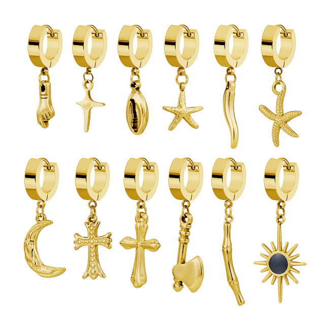 Elegant Niche Titanium Steel Flat Pendant Cross Earrings Personality Trendy Ear Clips Starfish Moon Chili Ear Jewelry