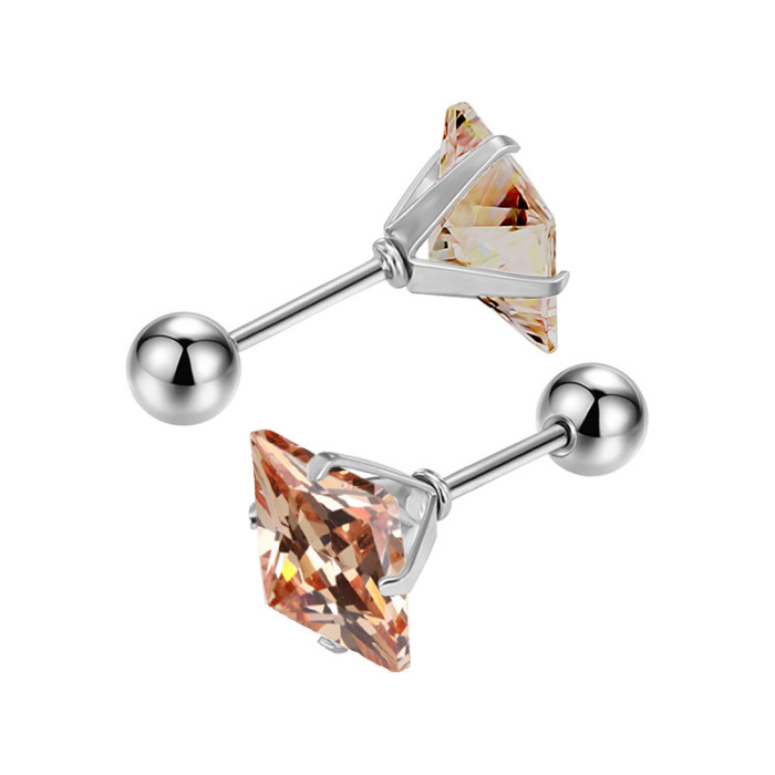 New Stainless Steel Square Zircon Earrings Sleep Without Removing Ear Bone Studs Fine Needle Style Simple Versatile E...