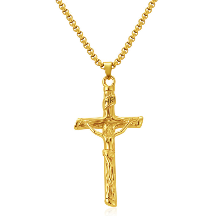 Amazon Hot Selling Fashionable Personality Angel Wing Pendant Necklace Titanium Steel 18K Real Gold Cross Necklace Wh...