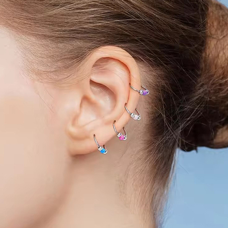 316L New Fashion Titanium Steel Australian Gemstone Seamless Hoop Nose Ring Nose Septum Closure Hoop Steel Bead Earrings Direct Supply from Manufacturer
