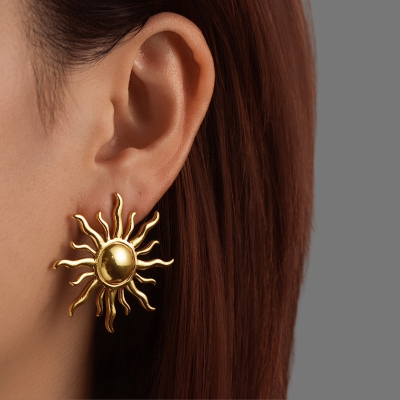 Cross-Border European and American Stainless Steel Earrings Sunflower Exaggerated Ear Jewelry 18K Gold Plated Stud Earrings Fashion Women's Earrings