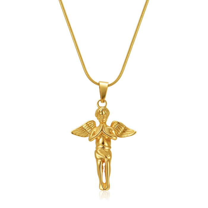 Amazon Hot Selling Fashionable Personality Angel Wing Pendant Necklace Titanium Steel 18K Real Gold Cross Necklace Wh...
