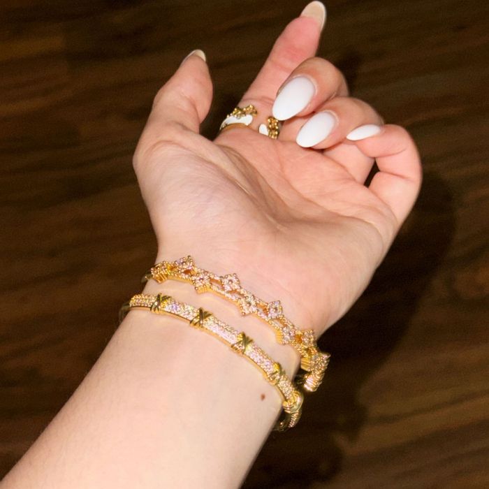 New Copper Material Electroplated 22K Gold Hand Jewelry Two-tone Simple Zircon Jewelry Open Bracelet Gold Letter Brac...