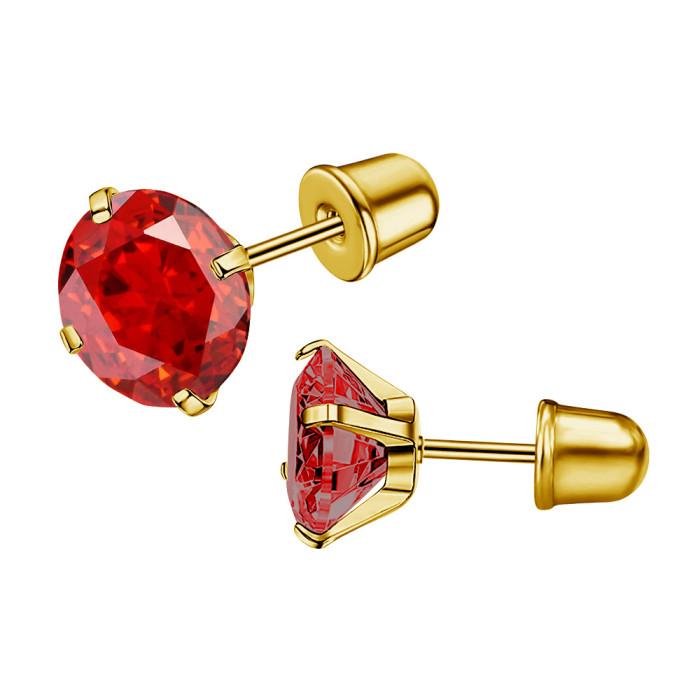 Amazon Super Shiny Titanium Steel 5A Zircon High-End Earrings Round Simple Stainless Steel Threaded Flat Back Ear Bone Studs