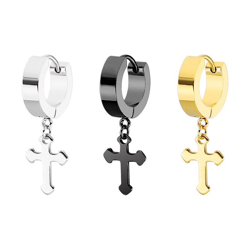 2023 Japanese and Korean Hip-Hop Punk Style Simple Cross Personality Titanium Steel Ear Cuff Earrings Electroplated Factory Wholesale Direct Sales