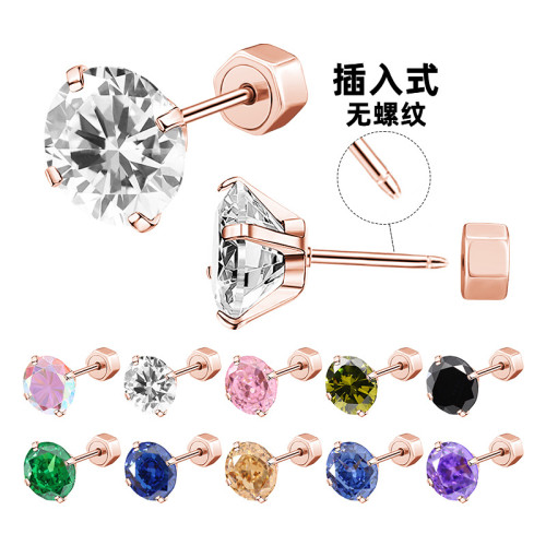 2025 Niche Simple Colorful Round Zircon Insert Carved One-piece Rose Gold Claw Earrings Ear Bone Studs Cross-border