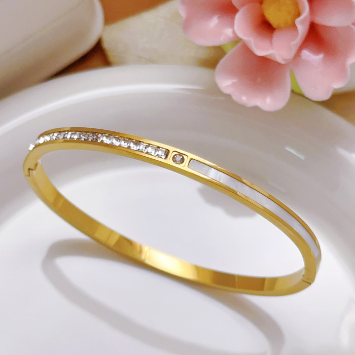 French Style Square Stone Clasp Stainless Steel Bracelet for Women, White Shell Exquisite Fashion Item, Gift for Be...