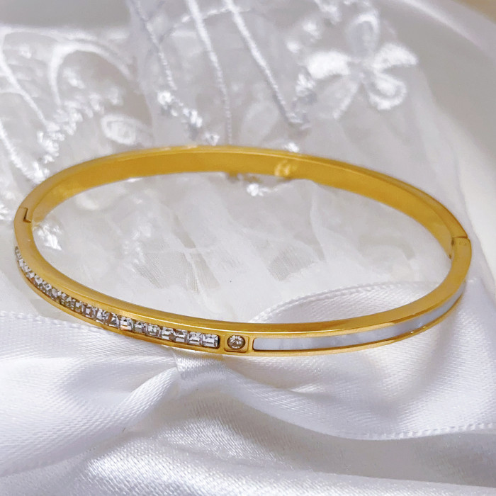 French Style Square Stone Clasp Stainless Steel Bracelet for Women, White Shell Exquisite Fashion Item, Gift for Be...