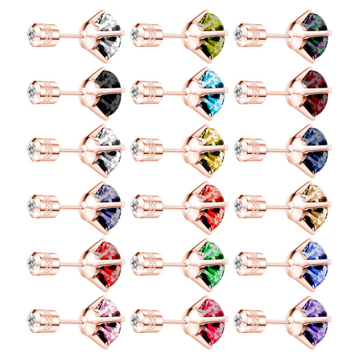 Fashion New Versatile Colorful Zircon Four-Prong Fine Needle Pattern Round Double-Headed Stone Earrings Factory Dir...