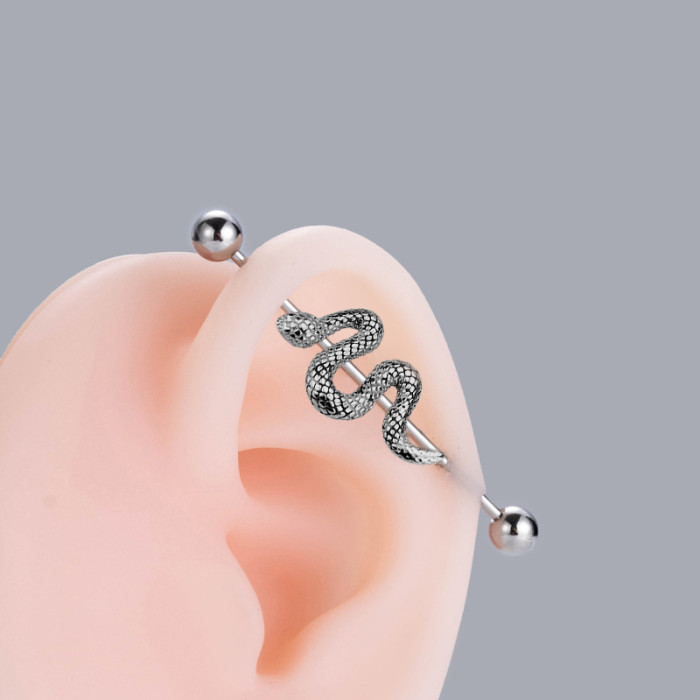 European and American Hot-Selling Long Stainless Steel Earrings Amazon AliExpress Blackened Small Snake Long Rod Ear Bridge Piercing Jewelry