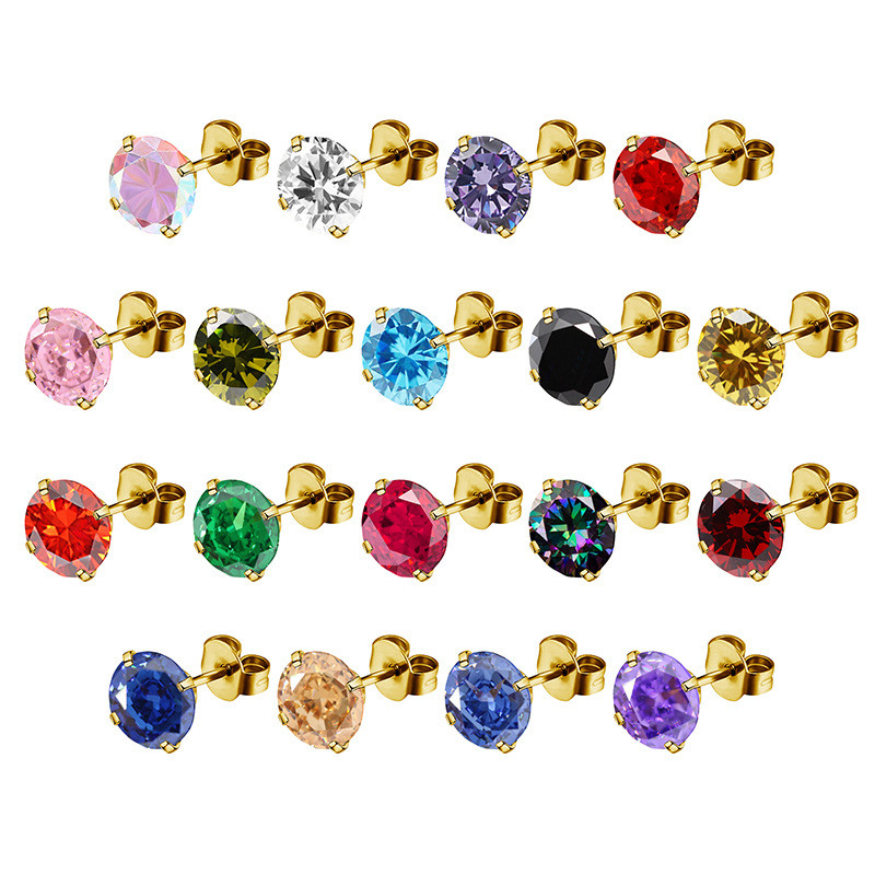 European and American Style Stainless Steel AAA Colorful Round Zircon Butterfly Stud Earrings Ear Bone Studs Simple Versatile Fashion Earrings Jewelry