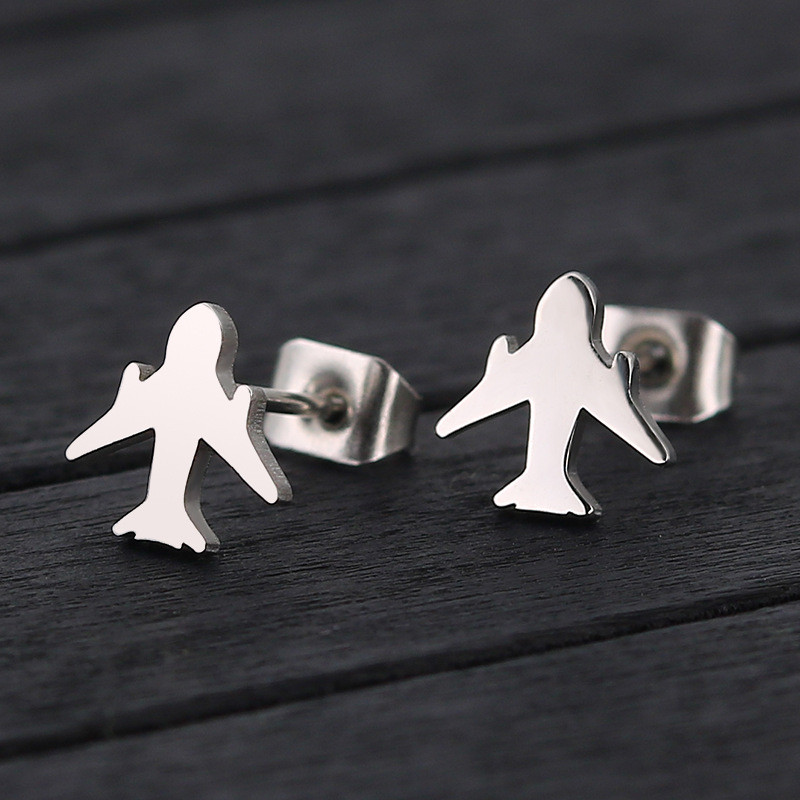 2025 European and American Cross-Border Fashion New Mini Airplane Earrings Simple Versatile Titanium Steel Hua Zi Earrings Jewelry Wholesale