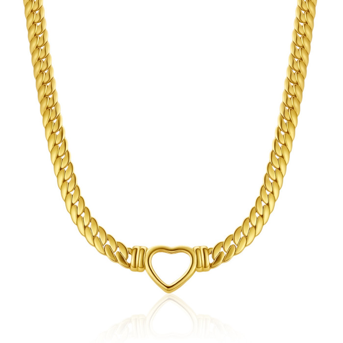 Direct Supply Personality Trend Exaggerated Cuban Chain Heart-Shaped Ring Necklace Titanium Steel Plated 18K Gold Lig...