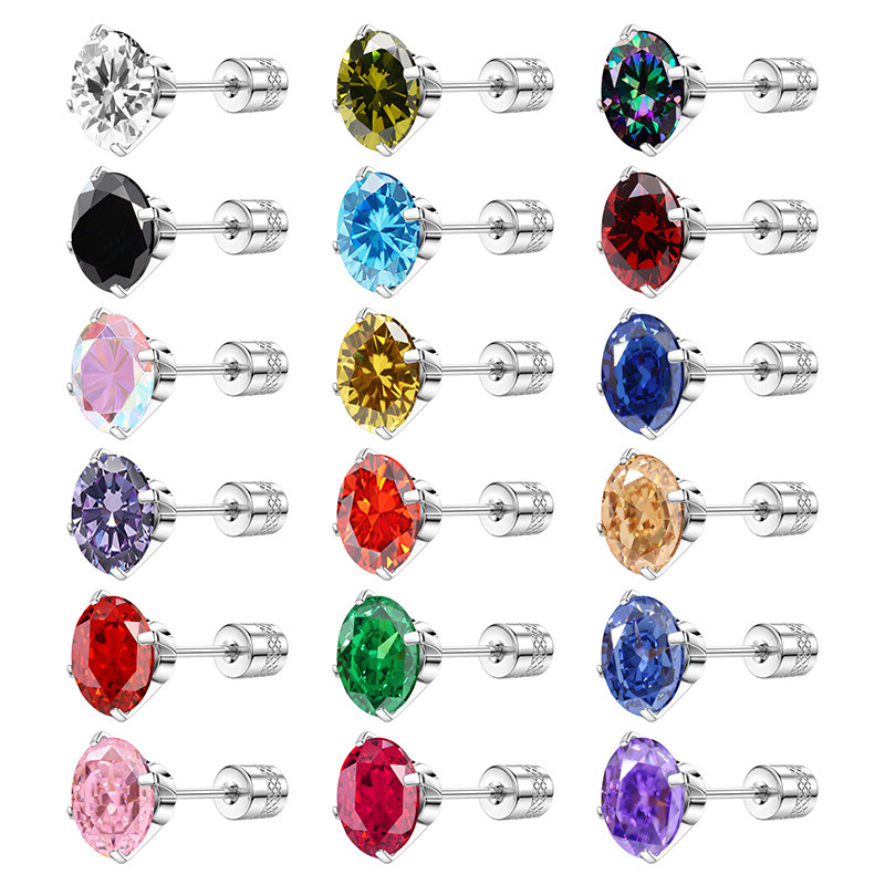 Cross-Border New Threaded Carved Pattern Round Double-Headed Drill Titanium Steel Inlaid Four-Prong Zircon Earrings Factory Direct Sale