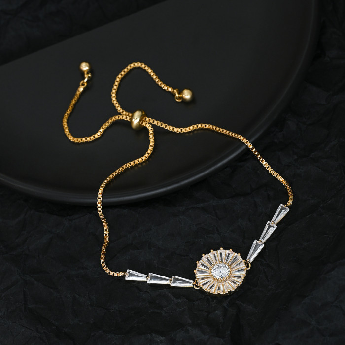 Real Gold Plated Micro Inlaid Zircon Elegant Hand Jewelry for Women High-end Adjustable Pull Sunflower Bracelet Wholesale