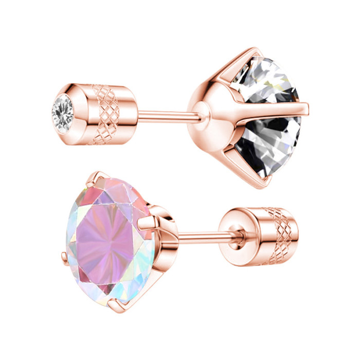 Fashion New Versatile Colorful Zircon Four-Prong Fine Needle Pattern Round Double-Headed Stone Earrings Factory Dir...