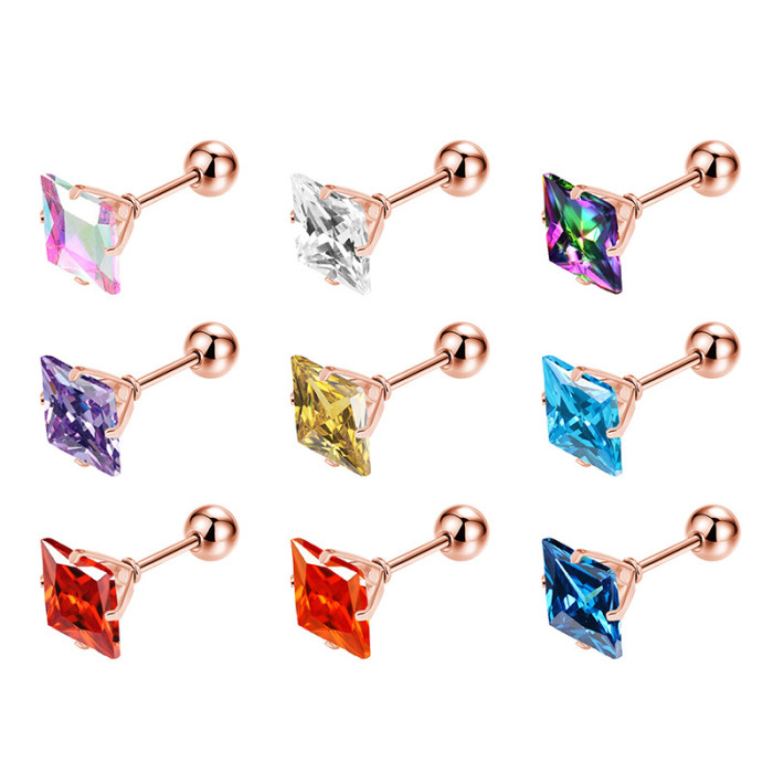 2025 Fashion New Stainless Steel Square Colorful Zircon Earrings Ear Studs Simple Niche Ear Jewelry Wholesale