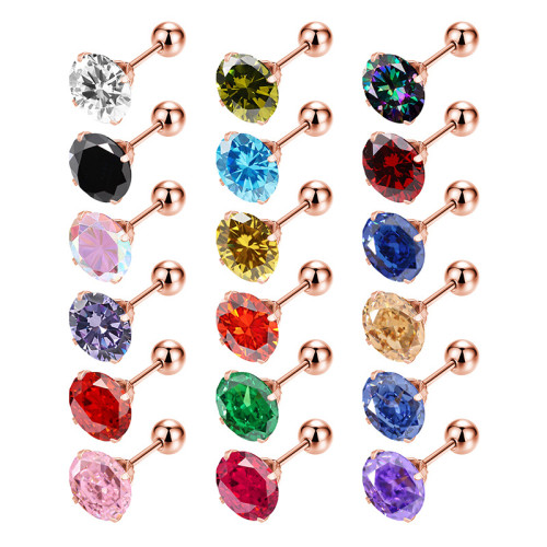 European and American Fashion New Versatile Titanium Steel Round Zircon Press Claw Round Ball Plug 3-8mm Crystal AAA Colorful Hua Zi Earrings