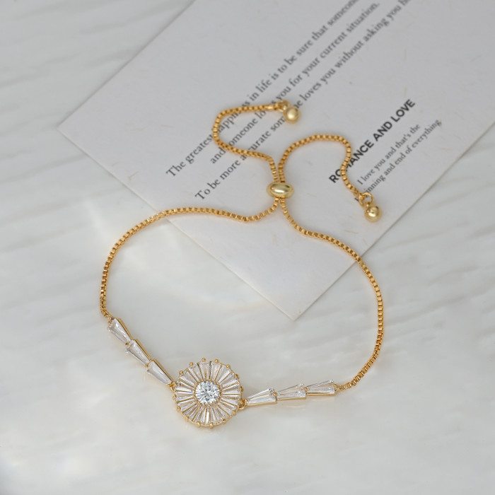 Real Gold Plated Micro Inlaid Zircon Elegant Hand Jewelry for Women High-end Adjustable Pull Sunflower Bracelet Wholesale